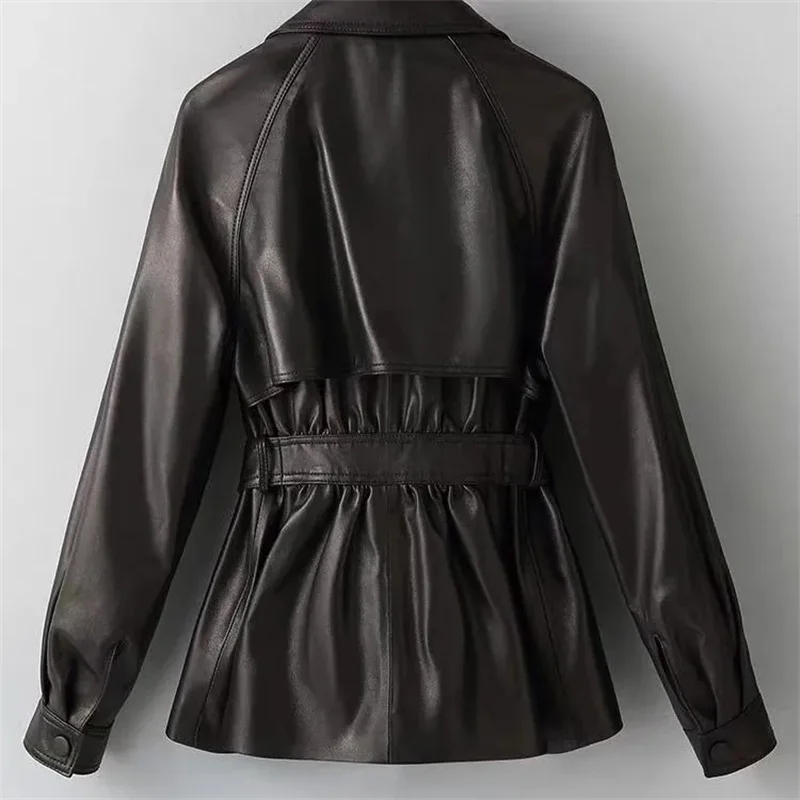 Blazer de Color café Retro hermosa chaqueta de cuero PU cinturón de mujer otoño nueva sensación de gama alta cintura ceñida traje chaqueta de moda