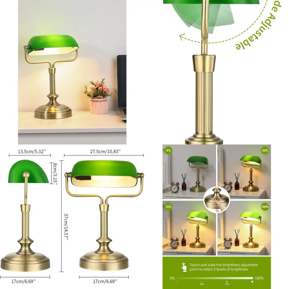 

Старинная латунная светодиодная настольная лампа со стеклянным абажуром, переключателем на цепочке, лампочкой в комплекте, отделка зеленого касания