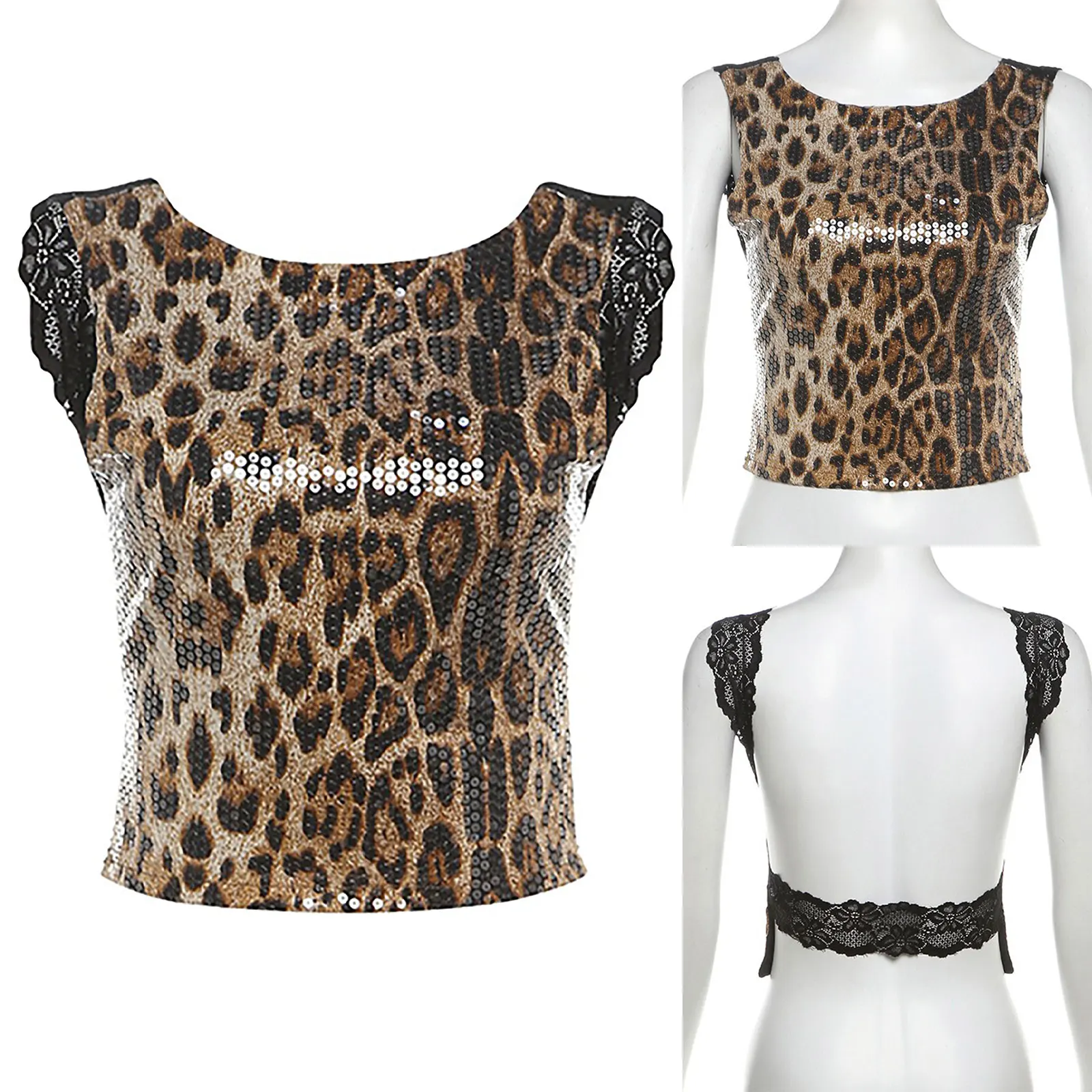 

Women Glitter Leopard Pattern Sequin Tank Top Wild Style Sleeveless Sheer Floral Lace Open Back Crop Vest for Club Party Raves