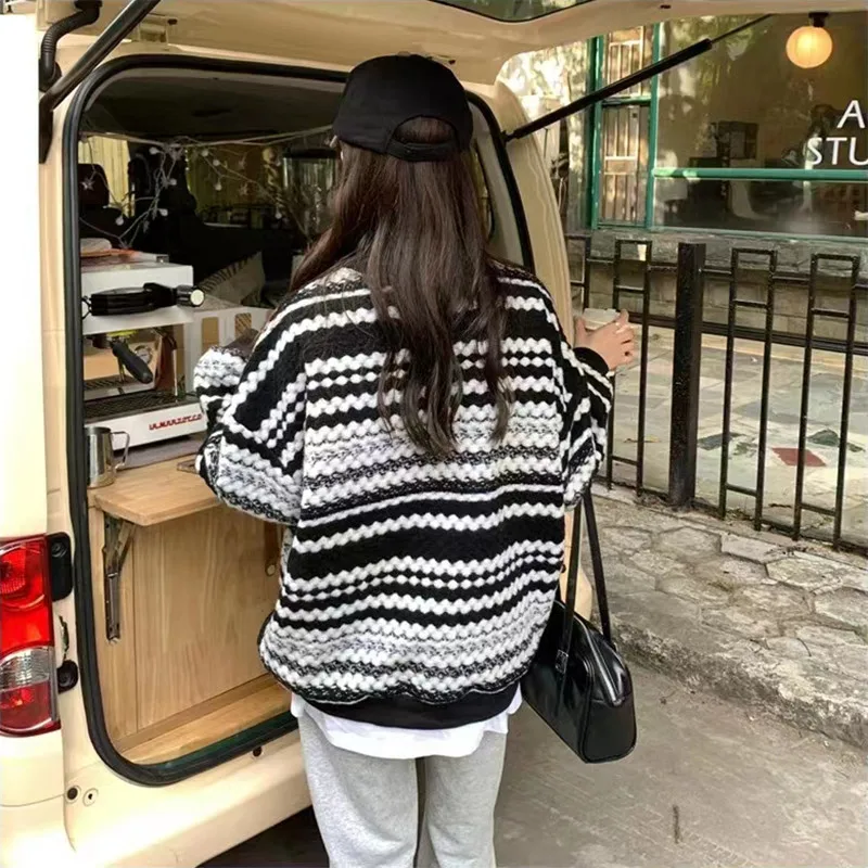 ITOOLIN الخريف والشتاء نمط الشارع جولة الرقبة البلوز مخطط كسول الراقية المرأة محبوك سترة #5