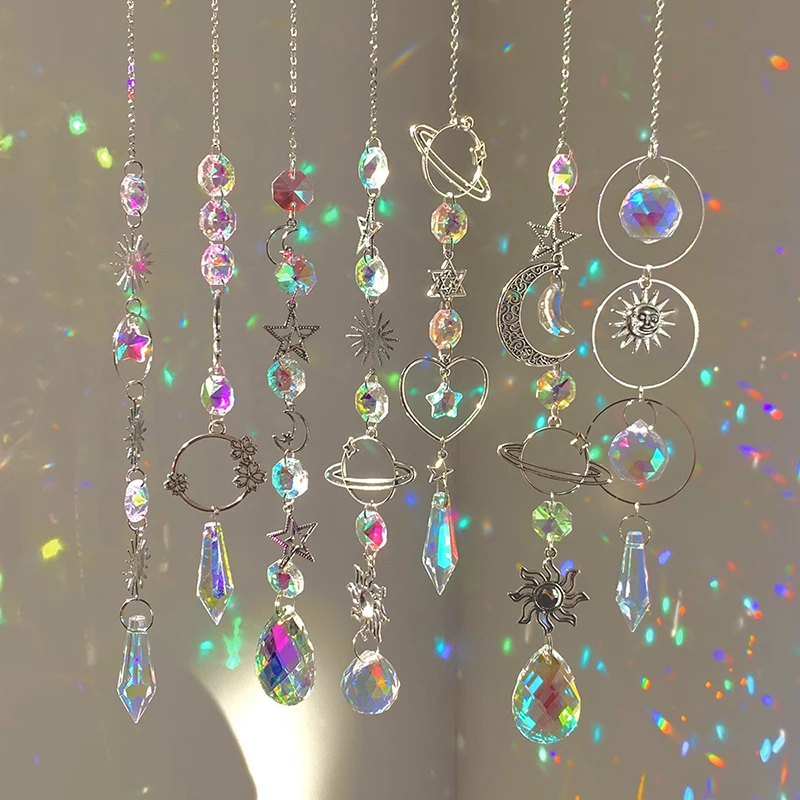 Hanging Crystal Pendant Garden Suncatcher Wind Chimes Rainbow Prism Crystal Chain for Window Drop Bell Christmas Tree Home Decor