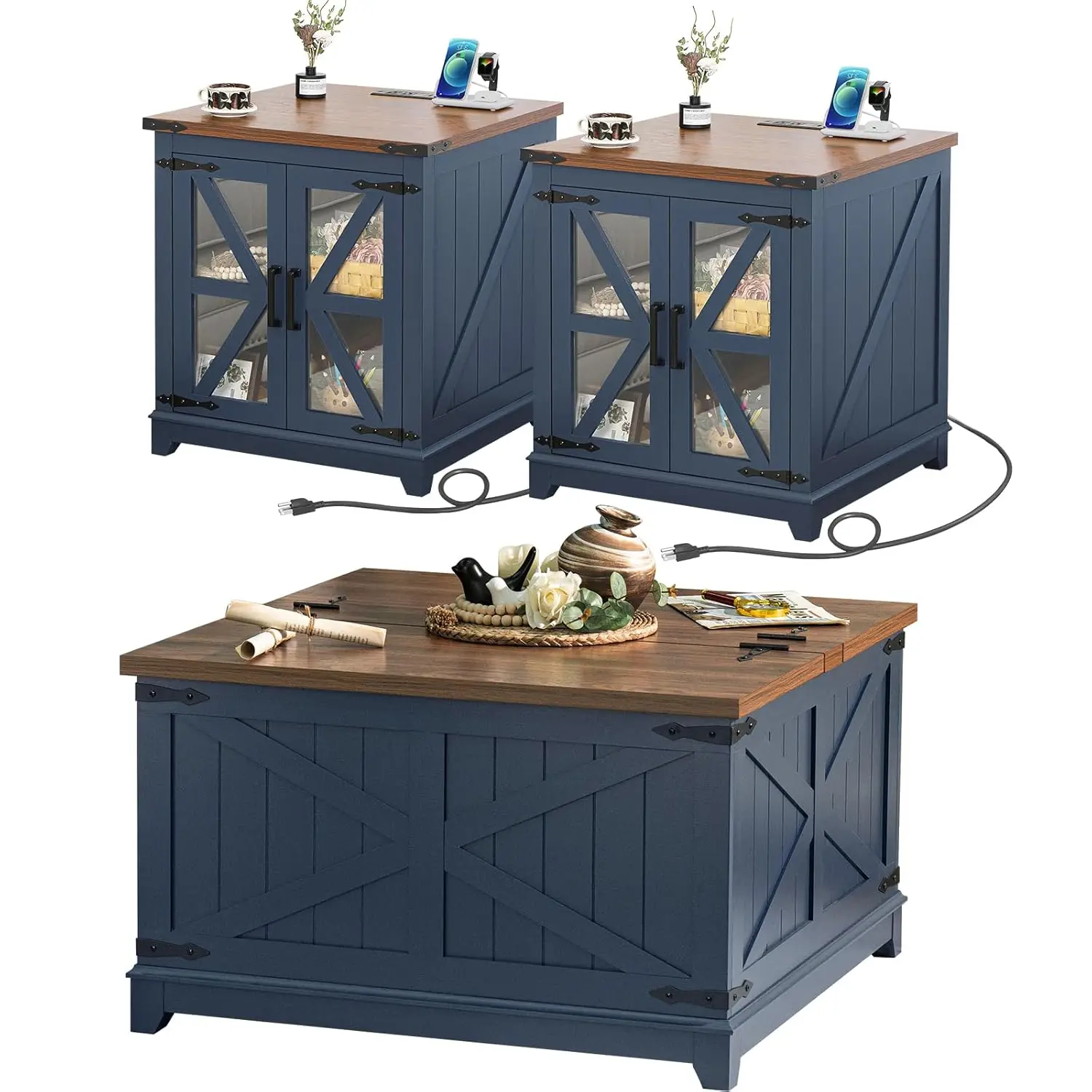 

Farmhouse Coffee Table Sets 3 Pieces, Large End Side Tables with Charging Station and Coffee Table with Hidden Storage Compartme