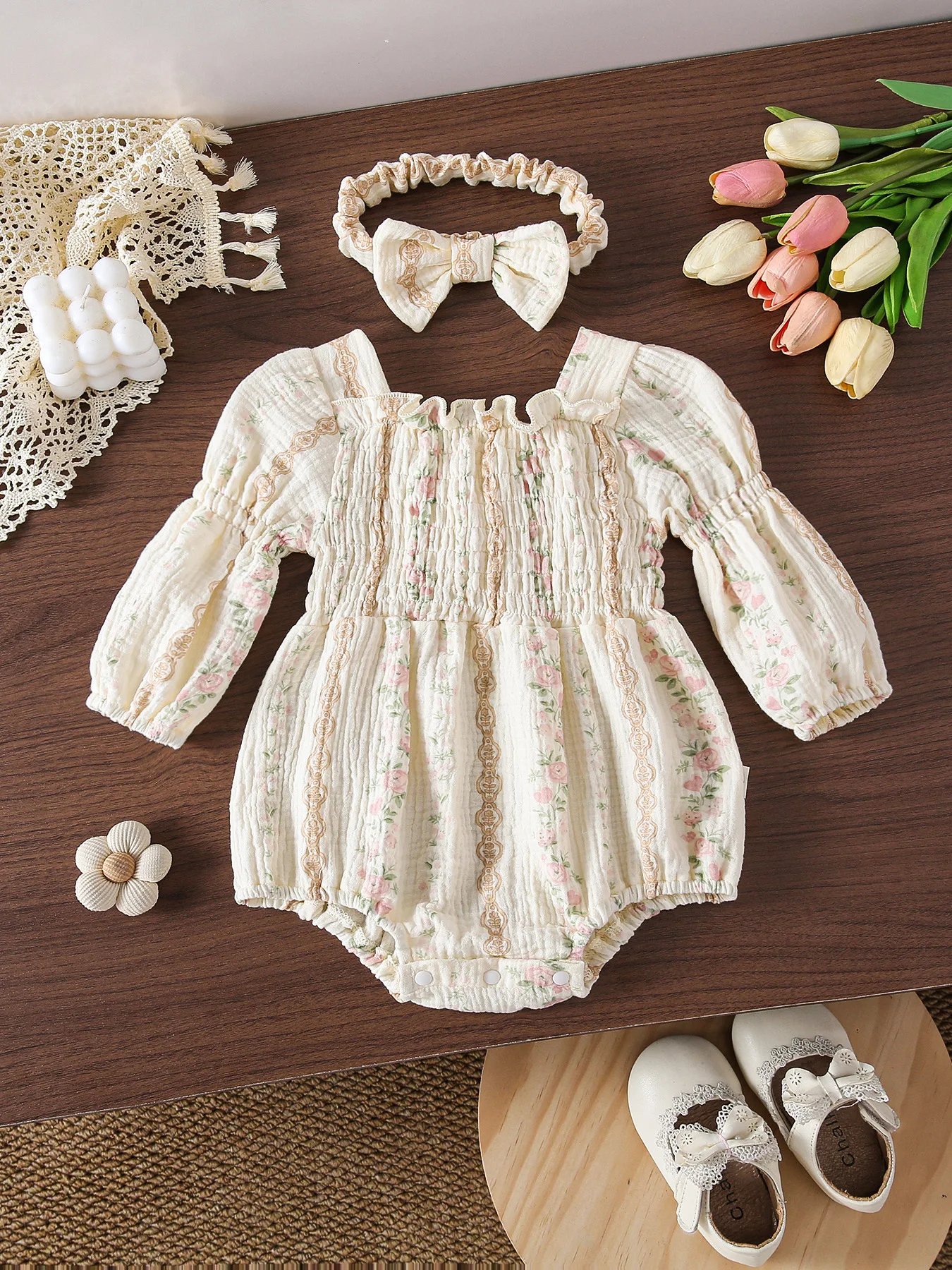 Baby Bodysuits and One-pieces 3-24M Baby Girl Clothing Autumn Sweet Flower Infant Clothes Cotton Loose Toddler One Piece