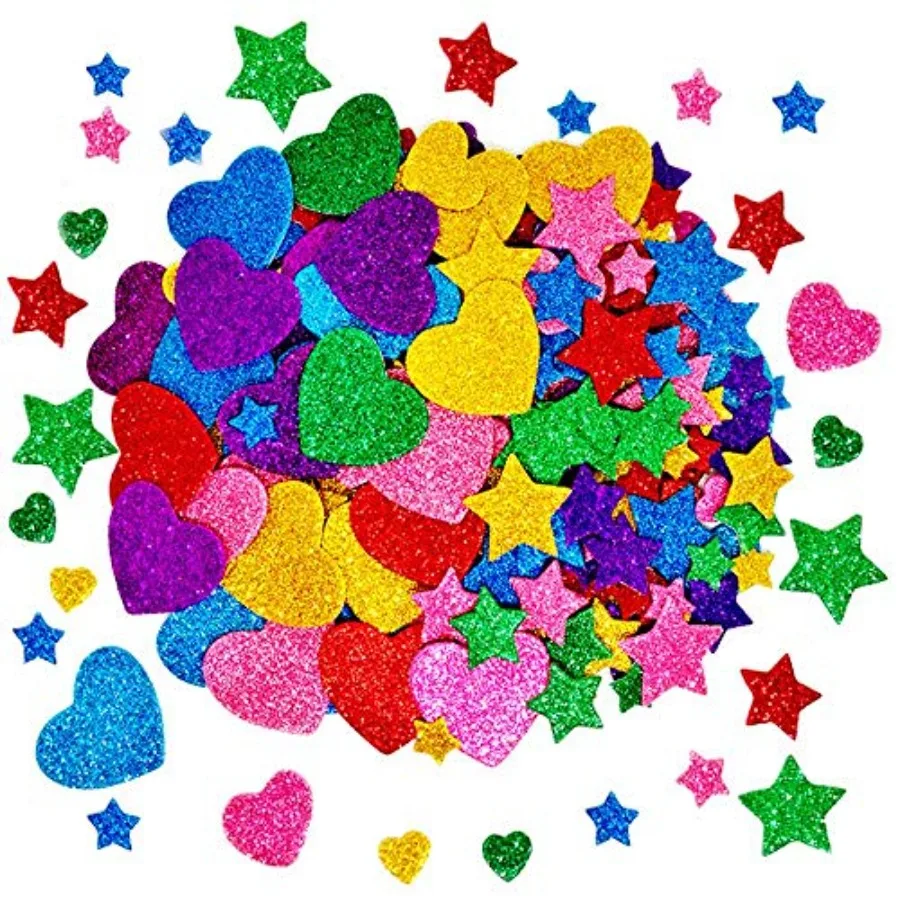 

260 Pieces Colorful Glitter Foam Stickers Self Adhesive Stars Mini Heart Shapes Glitter Stickers, Arts Craft Supplies for Greet