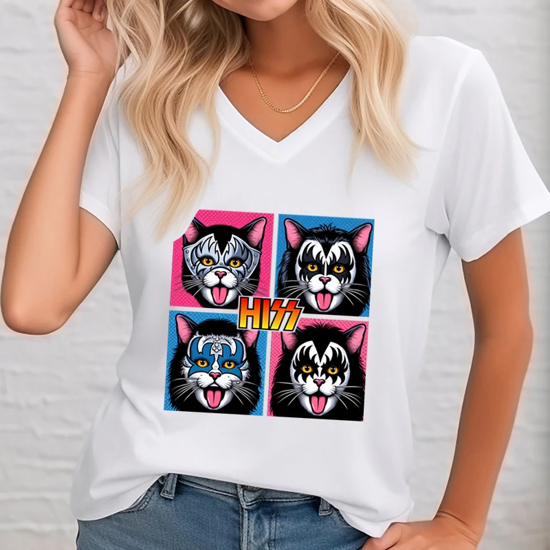 

Футболка женская с забавным принтом кошки, топ с V-образным вырезом и музыкальным рисунком кота в стиле рок-н-ролл, необходимая одежда для лета