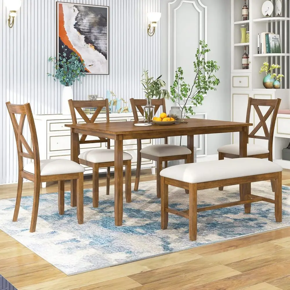 

6 Pieces Dining Table Set, Wood RecTable and 4 Chairs with Bench with Cushion, Kitchen Table Chairs Set or 6 Persons, Rustic Sty