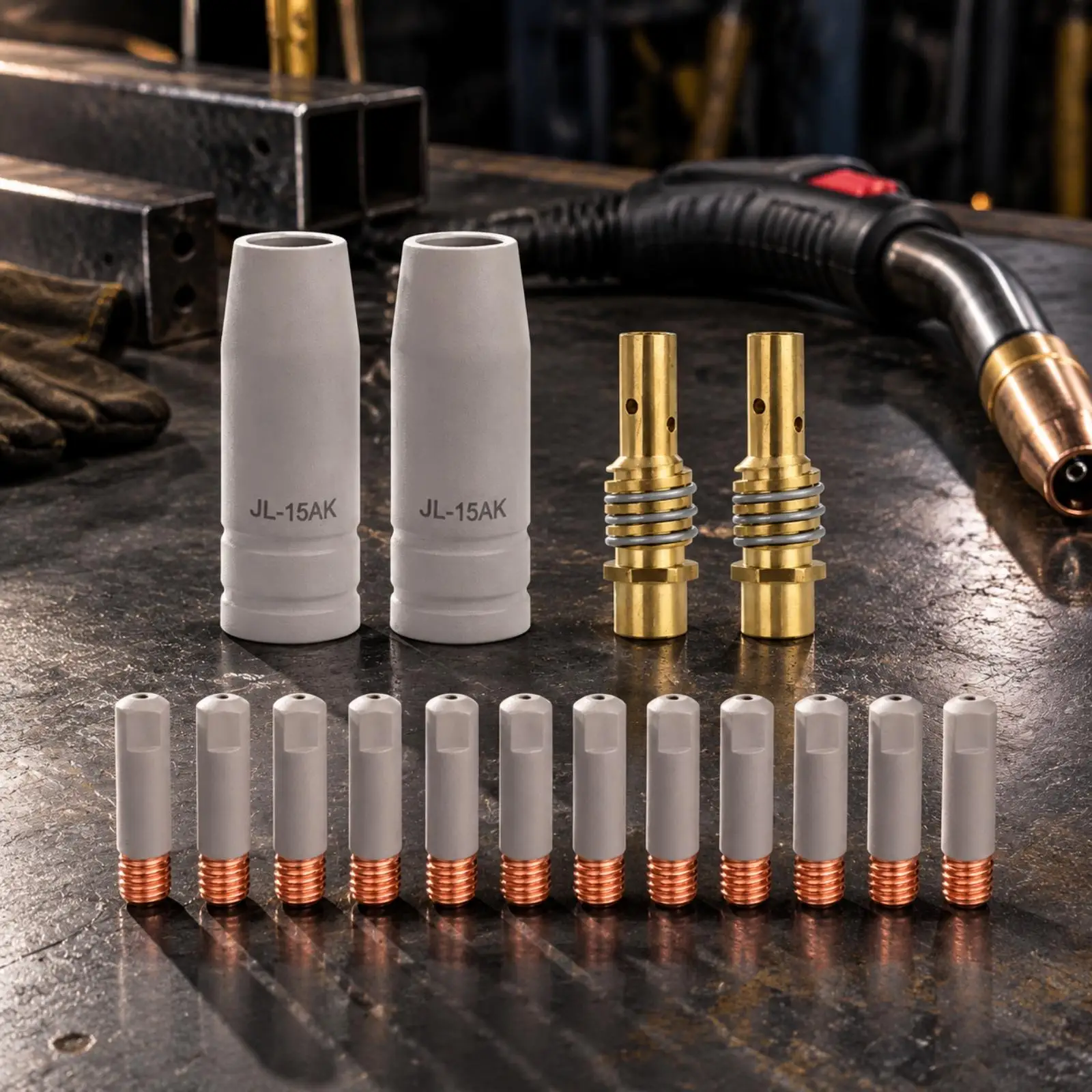 MIG Welding Torch Nozzle Copper 15AK 25mm Threaded Tips Insulator Connector Parts for Metalworking Equipment Spare Kit