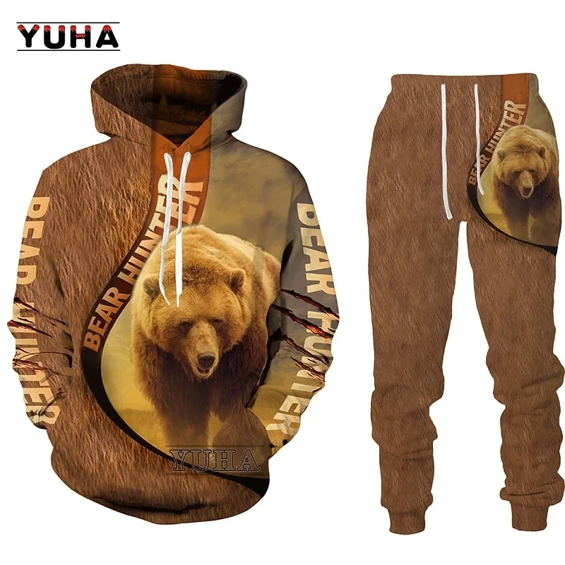 Sudadera con capucha para hombre, suéter con estampado 3D de oso, trajes de cazador, chándal de moda, pantalones de chándal geniales, ropa de