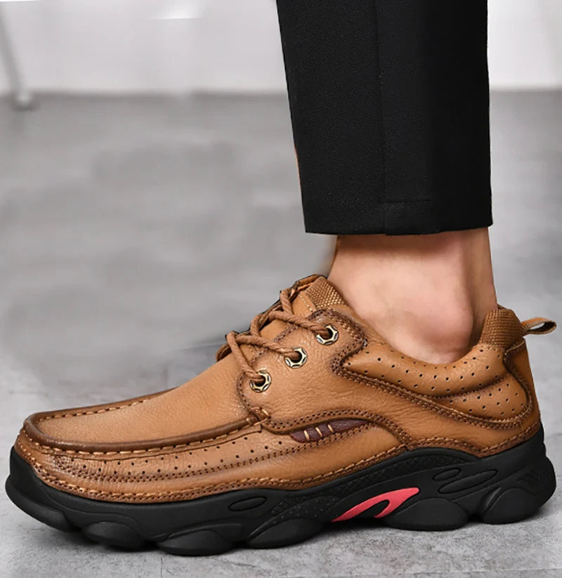 LIHUAMAO Cow leather work cloths outdoor walking shoes men lace up derby boat shoes footwear sneaker