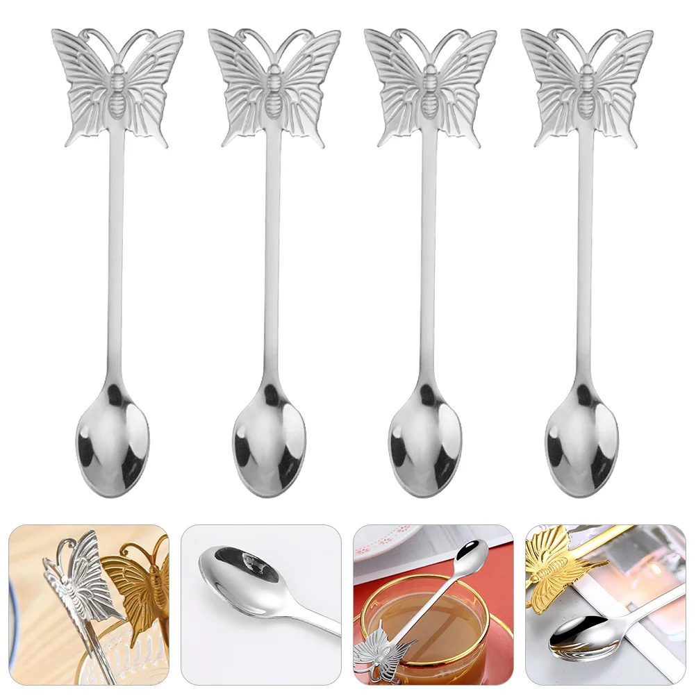 

4 Pcs Butterfly Fork Spoon Set Salad Stainless Steel Long Handle Spoons Dessert Scoop Serving Utensils