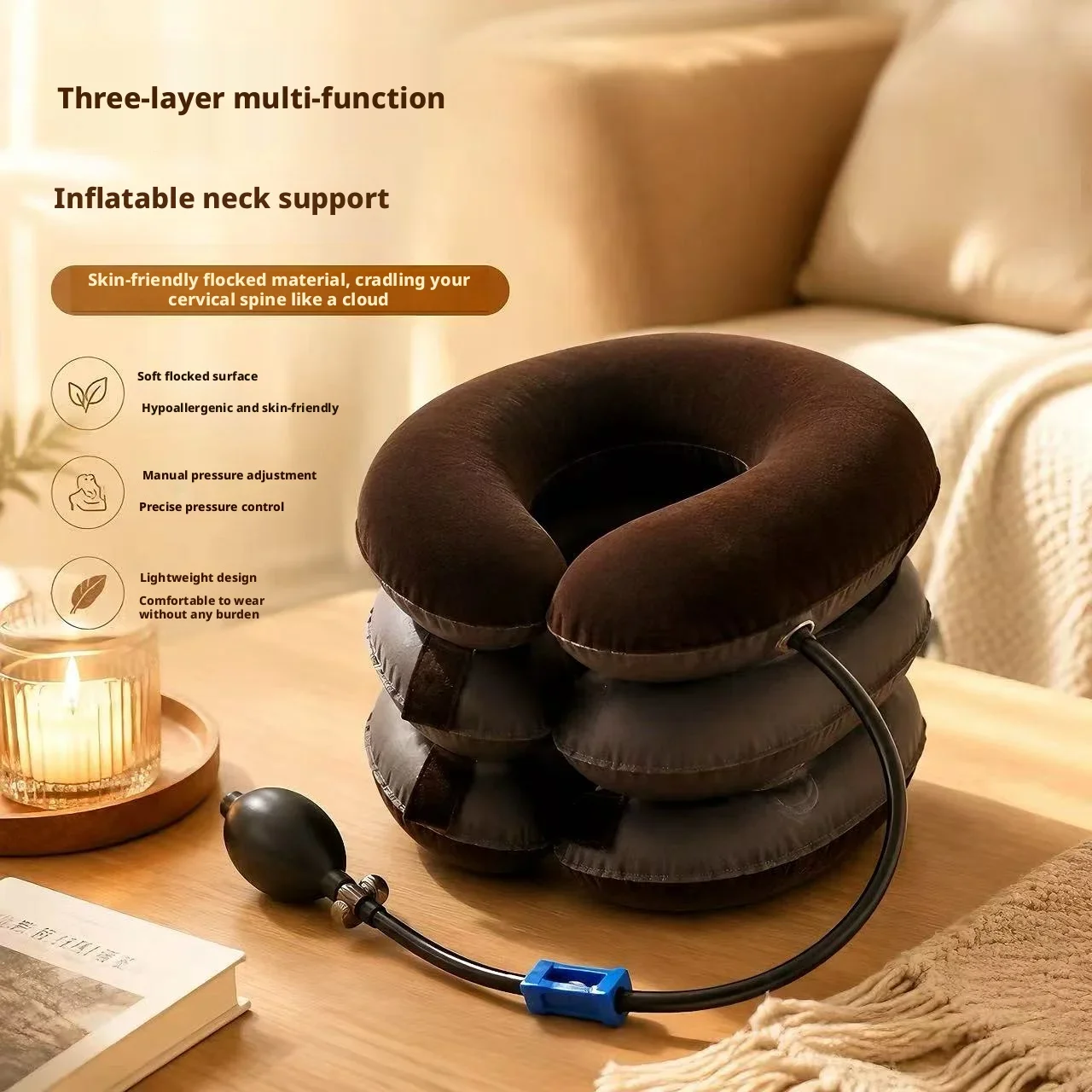 3 Layer Inflatable Cervical Neck Traction Device Flocked Adjustable Air Pump Neck Stretcher Pain Relief Home Office Health