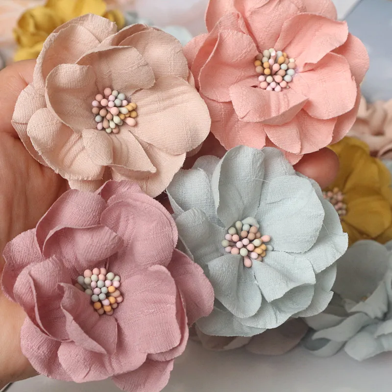 10Pcs 6CM Handmade Fabric Multilayer Cored Camellia Flower Hats Headband DIY Accessories Home Decorative Flowers