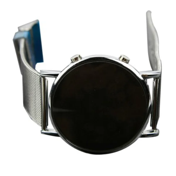 

Men Boys Round Mirror Face Blue LED Digital Watch Silver Stainless Steel Band Precise Movement Night Date Time Display