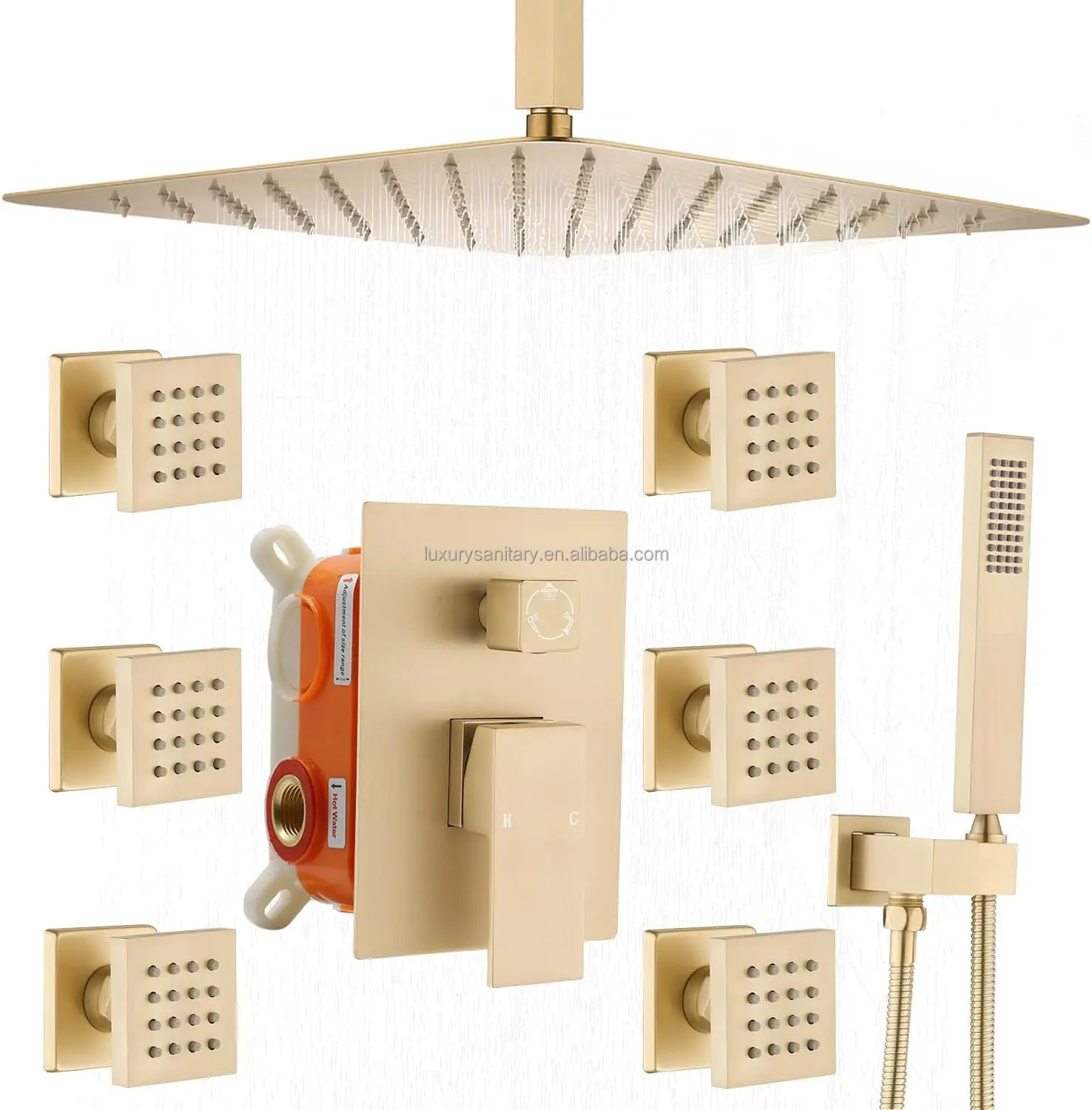 Gold Rainfall Shower System with 4 Body Jets Mixer Head Handheld Sprayer Rain Shower Thermostatic Faucets Sets Combo Accessory