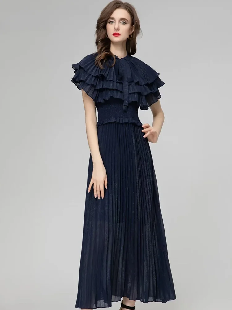 

Spring Fashion Runway Navy Blue Vintage Pleated Dress Women O Neck Ruffles High Elastic Waist Slim Long Elegant Dress