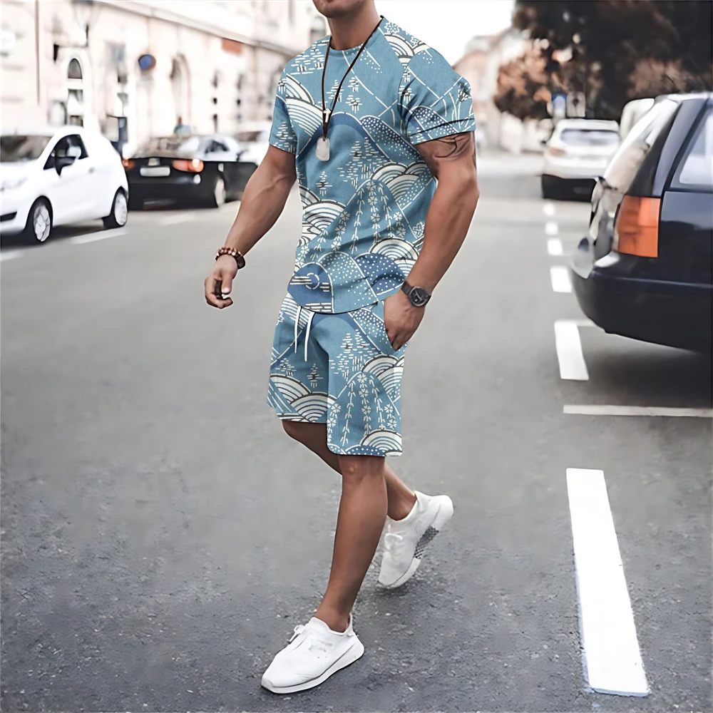 Men Summer Tracksuits Short Sleeve T Shirt Shorts Sets Print Men\'s Clothing Oversized T-shirts Suits Fashion Sportswear Outfits