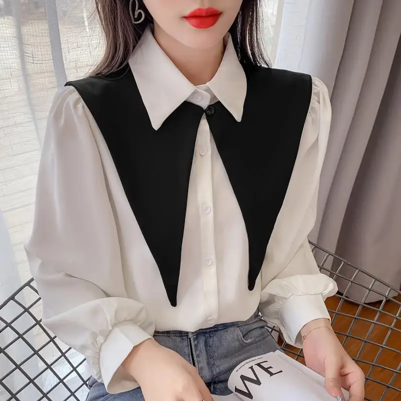 Fashion Lapel Spliced Puff Sleeve Shirt Women\'s Clothing 2023 Spring New Casual Tops Loose Office Lady Blouse