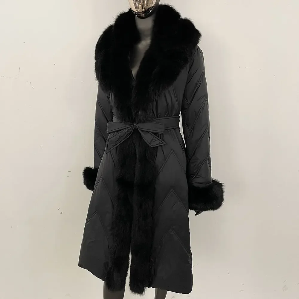 

Женская белая куртка на гусином пуху из натурального лисьего меха с отложным воротником, длинная куртка-пуховик, утепленное теплое пальто с поясом, зимнее пальто из натурального меха