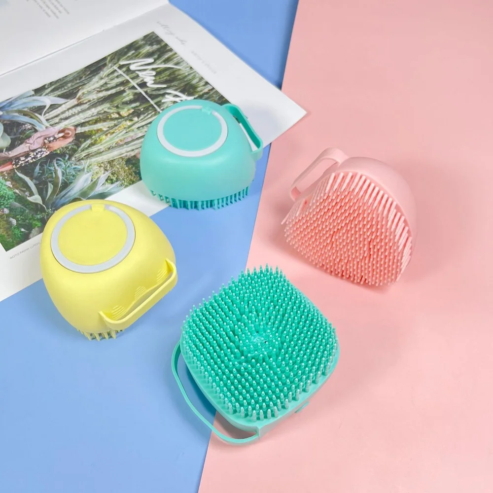 Silicone Bath Body Brush Shower Scrubber with Gel Dispenser Soft Massager Shower Loofah Brush with handle for Shampoo Grooming