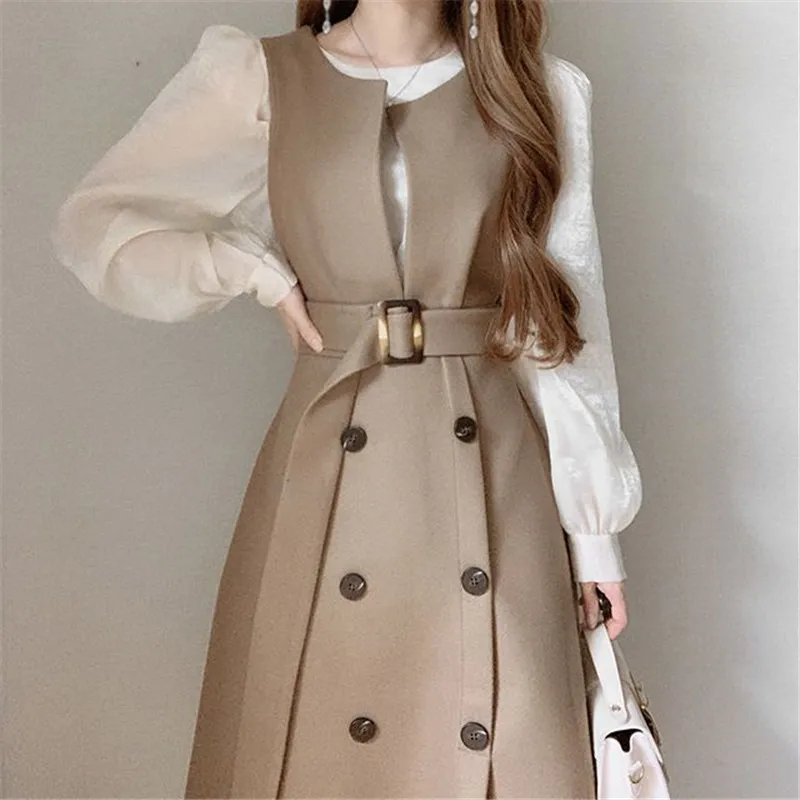 Korean Chic Office Lady Elegant Tank Dress O-neck Double Breasted Sleeveless Robe 2024 Spring New Belt Slim Wasit Vestidos Mujer