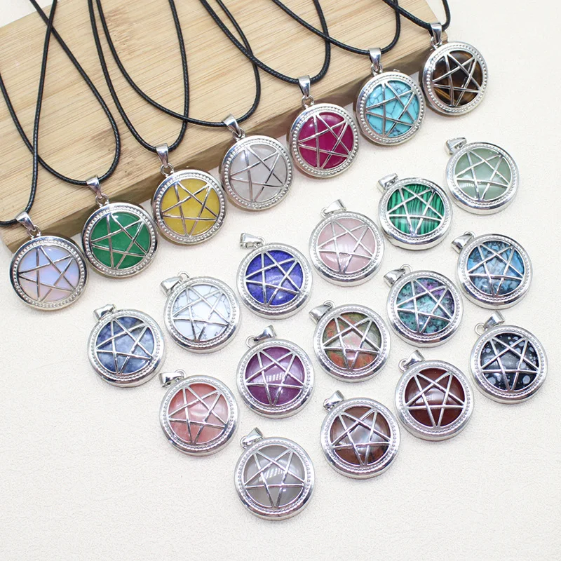 1pc- Personality hollowed out Pentagram alloy inlaid with natural stone crystal agate pendant