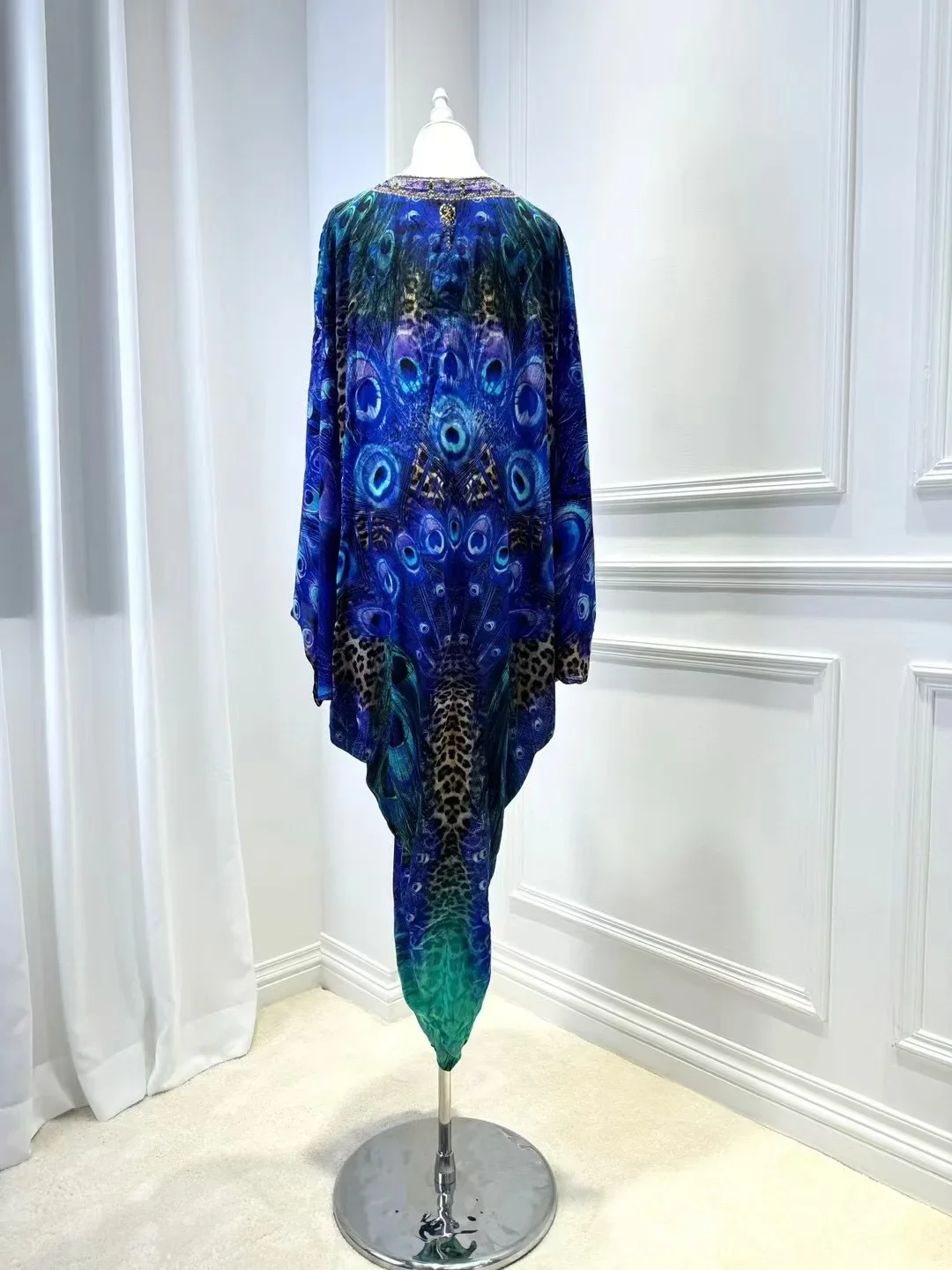 Women Irregular Hem Robe Peacock Printed V-Neck Batwing Sleeve Vintage Silk Midi Dress