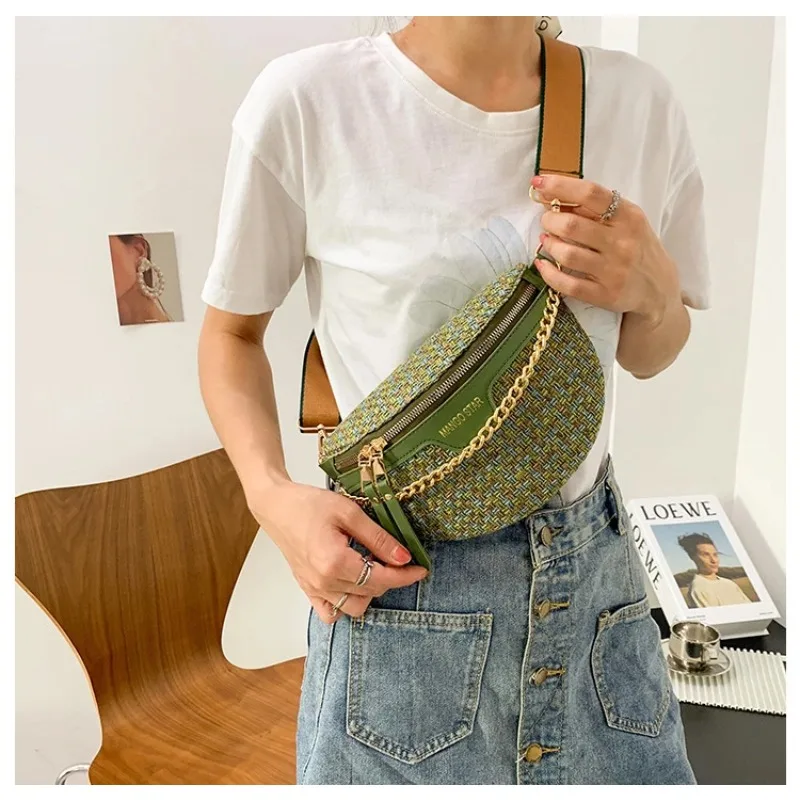 New Fashion Knitted Waist Packs for Women Weaving Fanny Packs Female Phone Purses Waist Bags Ladies Wide Strap Crossbody Bags