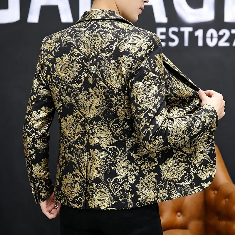 Blazer Men's, Fashionable Weddings Casual, Slim-fit Hairdresser Gentleman, Korean Style Banquets Business Gold Embossing Blazer