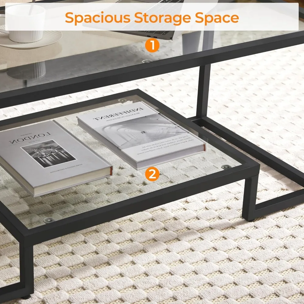 Modern Tempered Glass Coffee Table with Geometric Design and Metal Frame, Simple Center Table for Contemporary Living Spaces