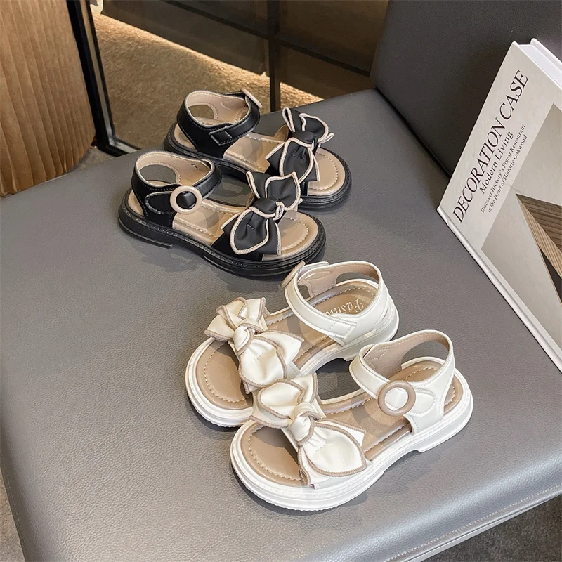 Summer Fashion Kids Square Heel Beautiful Bow Baby Girls Casual and Comfortable Princess Children\'s Students Light Flat Slippers
