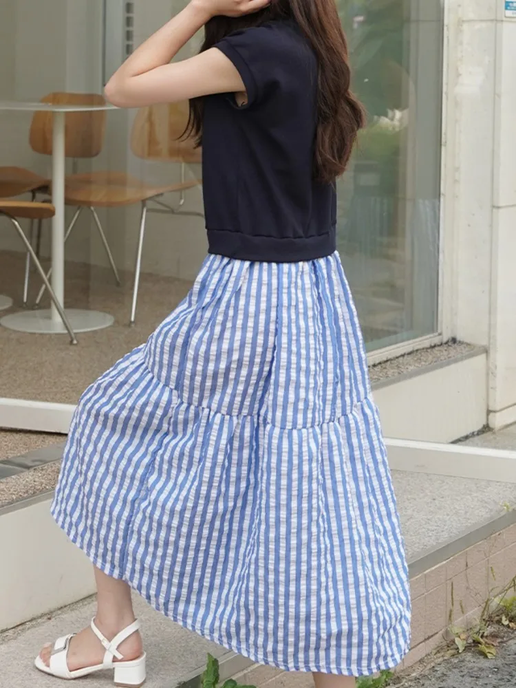 夏偽ツーピースセット Tシャツドレス女性パッチワークストライプ女性ドレス韓国ノースリーブレディーストップス Vestidos