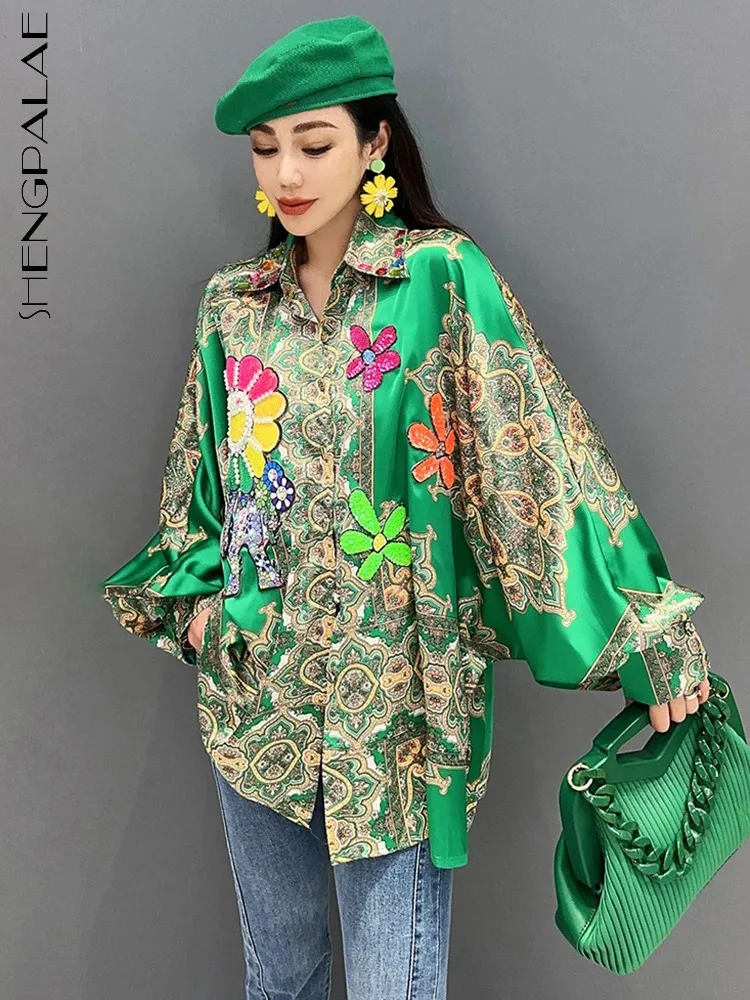 

SHENGPALAE Elegance Printed Shirt For Women Spring Fashion Sequins Flower Lapel Light Luxury Loose Blouse Tops 2024 New 5R9210