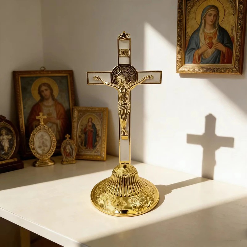 

New Gold Plated Orthodox Catholic Table Crucifix with St. Benedict Medal and White Enamel Inlay for Church Liturgy Devotion Gift