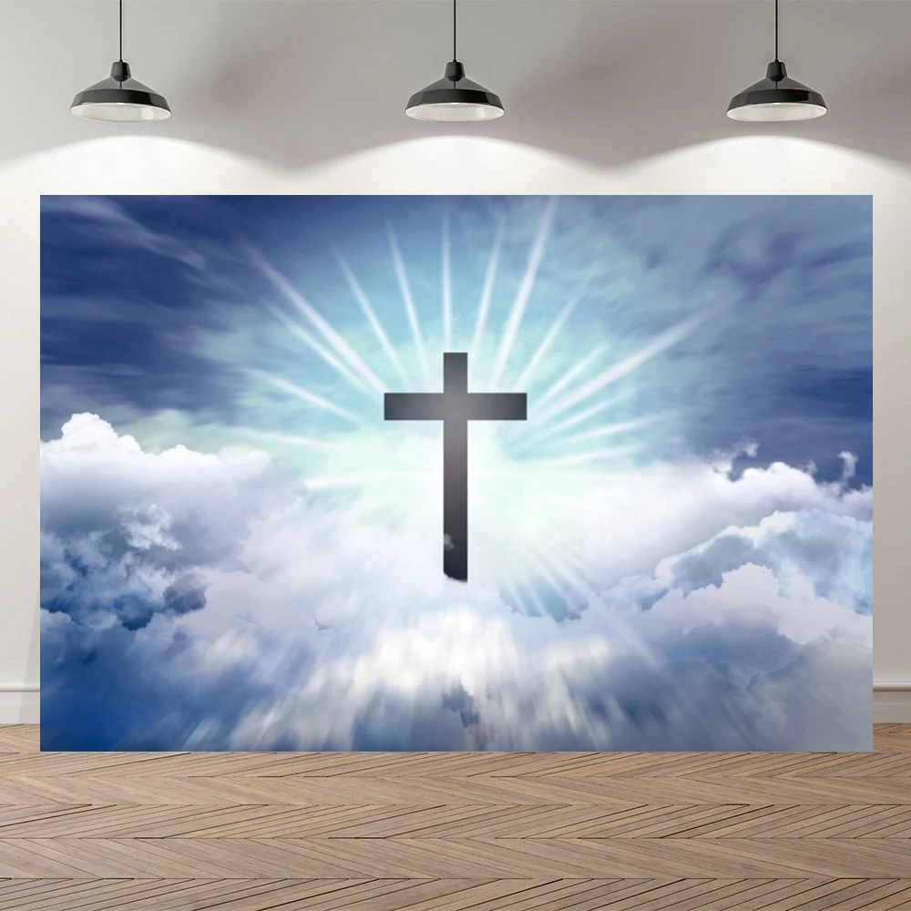 Blue Sky Christian Cross Photography Backdrop Easter Religious Heaven Crucifix Jesus Resurrection Portrait Photo Background Prop