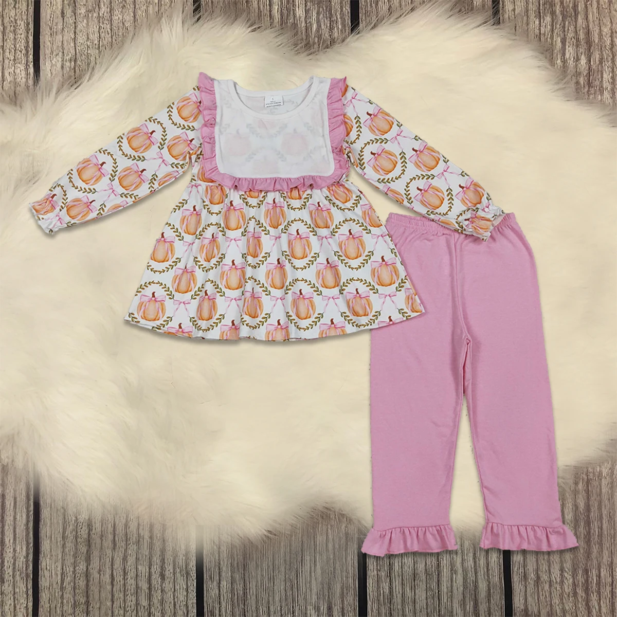 

Toddler Thanksgiving Set Girl Pumpkins Bows Long Sleeves Tunic Plaid Outfit Flame Pants Children Baby Kids Clothes Wholesale