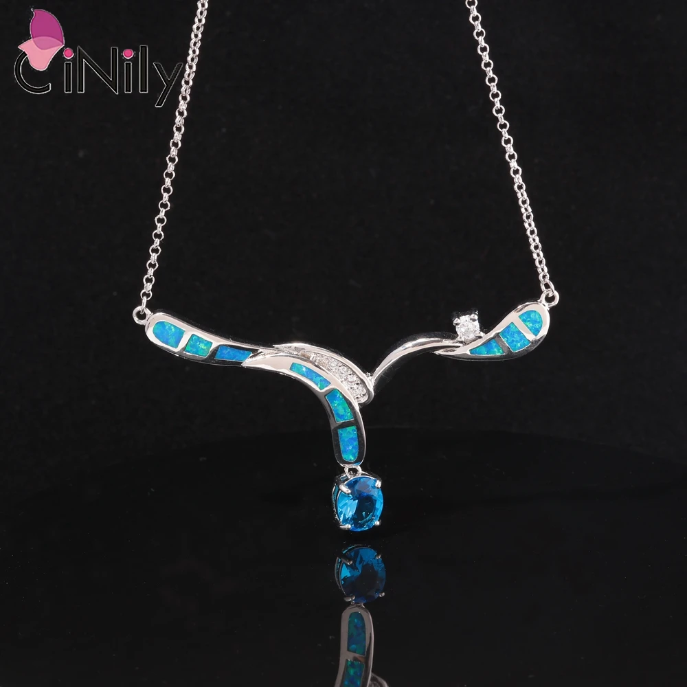 CiNily Luxury Blue Fire Opal Stone Necklace for Women 925 Sterling Silver Fashion Jewelry Blue Zircon Pendant Set with Chain