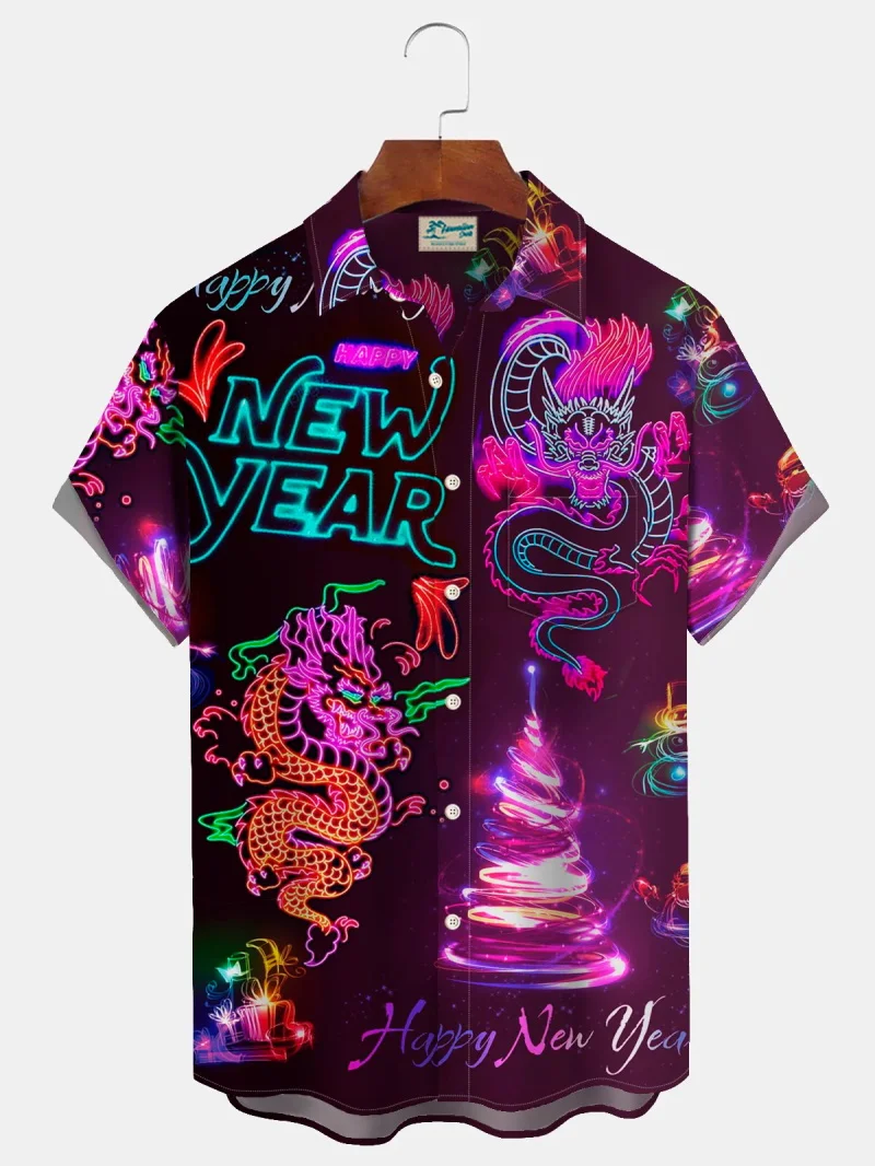 

2026 Мужские рубашки на пуговицах с Новым годом, гавайские рубашки с короткими рукавами и принтом, уличная праздничная вечеринка, пляжная рубашка, одежда
