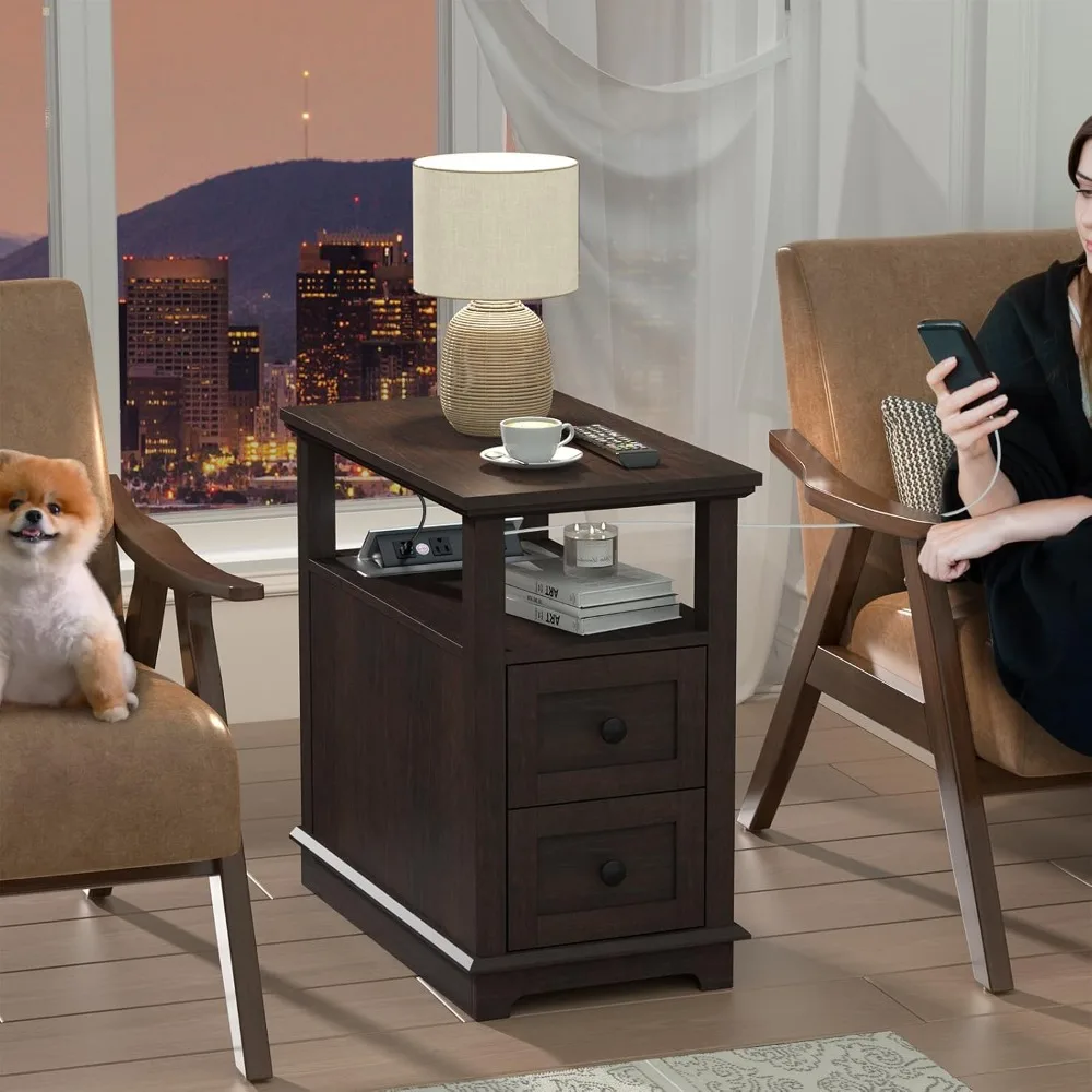 طاولة نهاية محطة شحن قابلة للطي من HIFYOBRO مع درجين ومنفذ USB وType-C، خشبية #2