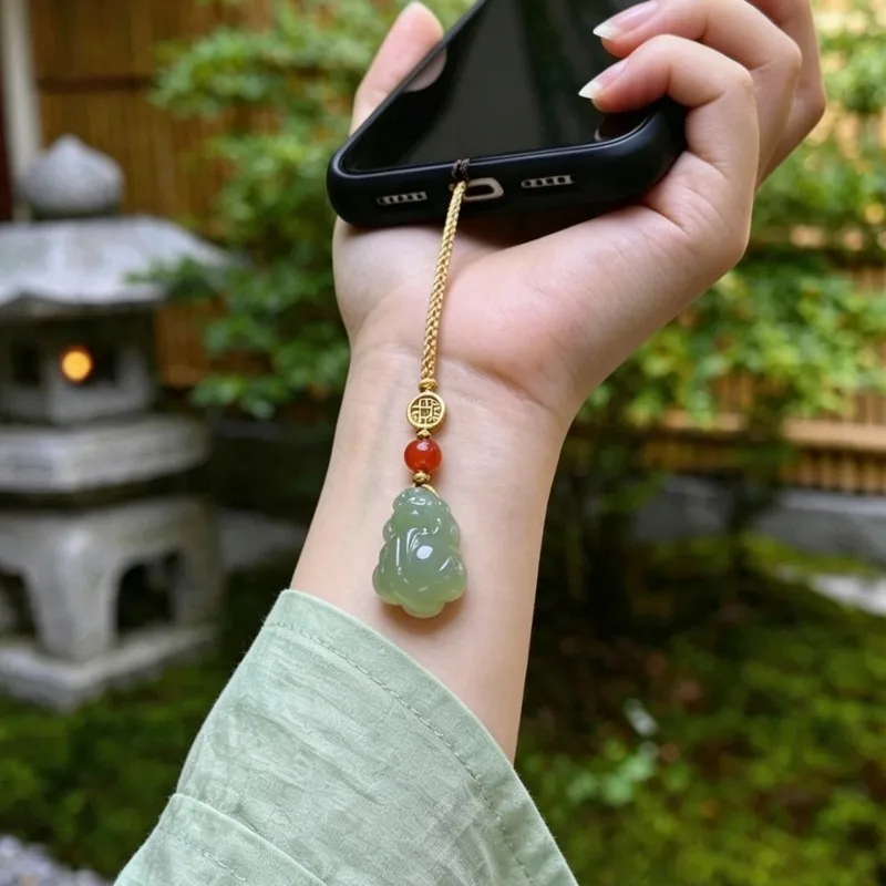 Natural Hetian Jade Pixiu Phone Strap, Handmade New Style Ancient Feng Shui Wealth Pendant