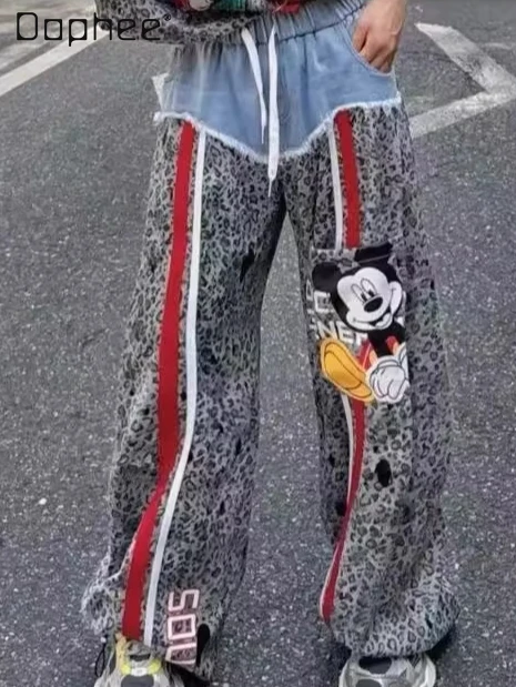 European Leopard Print Patchwork Jeans for Women 2025 New Style Personality Patchwork Elastic Waist Cartoon Long Pants