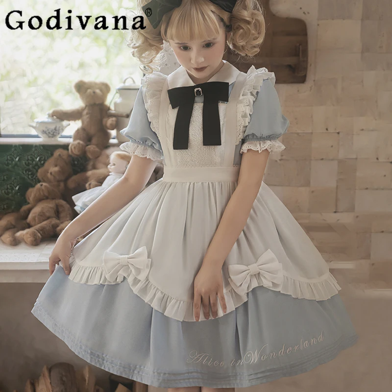 Summer Op Lolita Sweet Dress for Women Short Sleeve Bow Collar Blue Princess Dress Female A Line Cosplay Short Dress