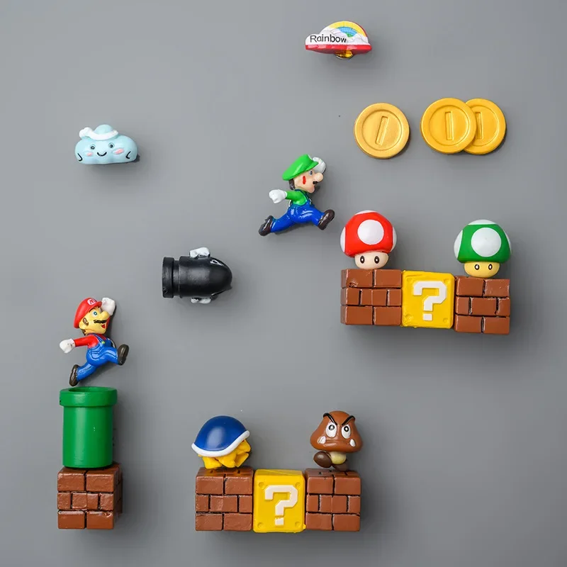 Super Mario Frigorífico adesivo definido para crianças, brinquedo dos desenhos animados, porta do frigorífico, tridimensional, ímã decorativo, presente