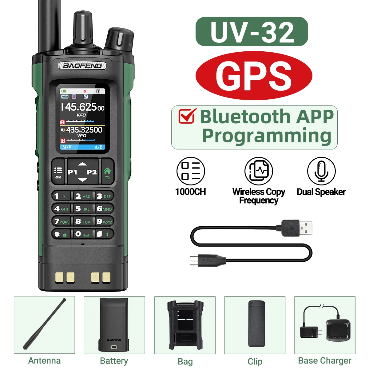 BAOFENG UV-32 GPS Air Band Walkie Talkie Lange afstand 10W Multi Band Bluetooth Programmering Draadloze kopieerfrequentie Tweerichtingsradio