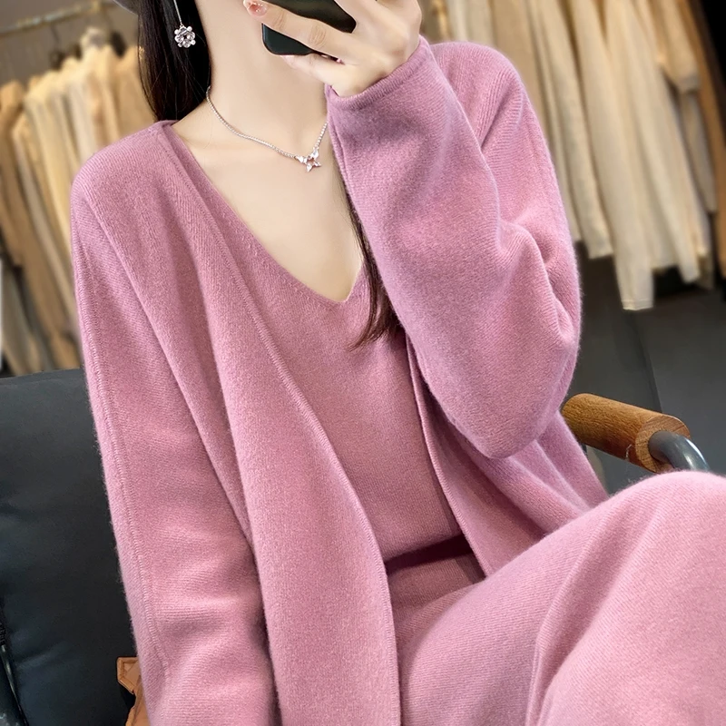 RONGYI 2024 Autumn And Winter New Women\'s 100% Wool Cardigan Suit Knitted Solid Color Dress V-Neck Fashion And Leisure