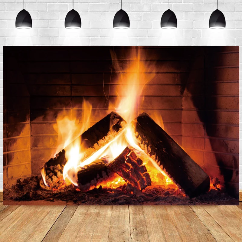 

Brick Wall Fireplace Burning Firewood Backdrop Christmas Happy Birthday Photography Background Photographic Banner