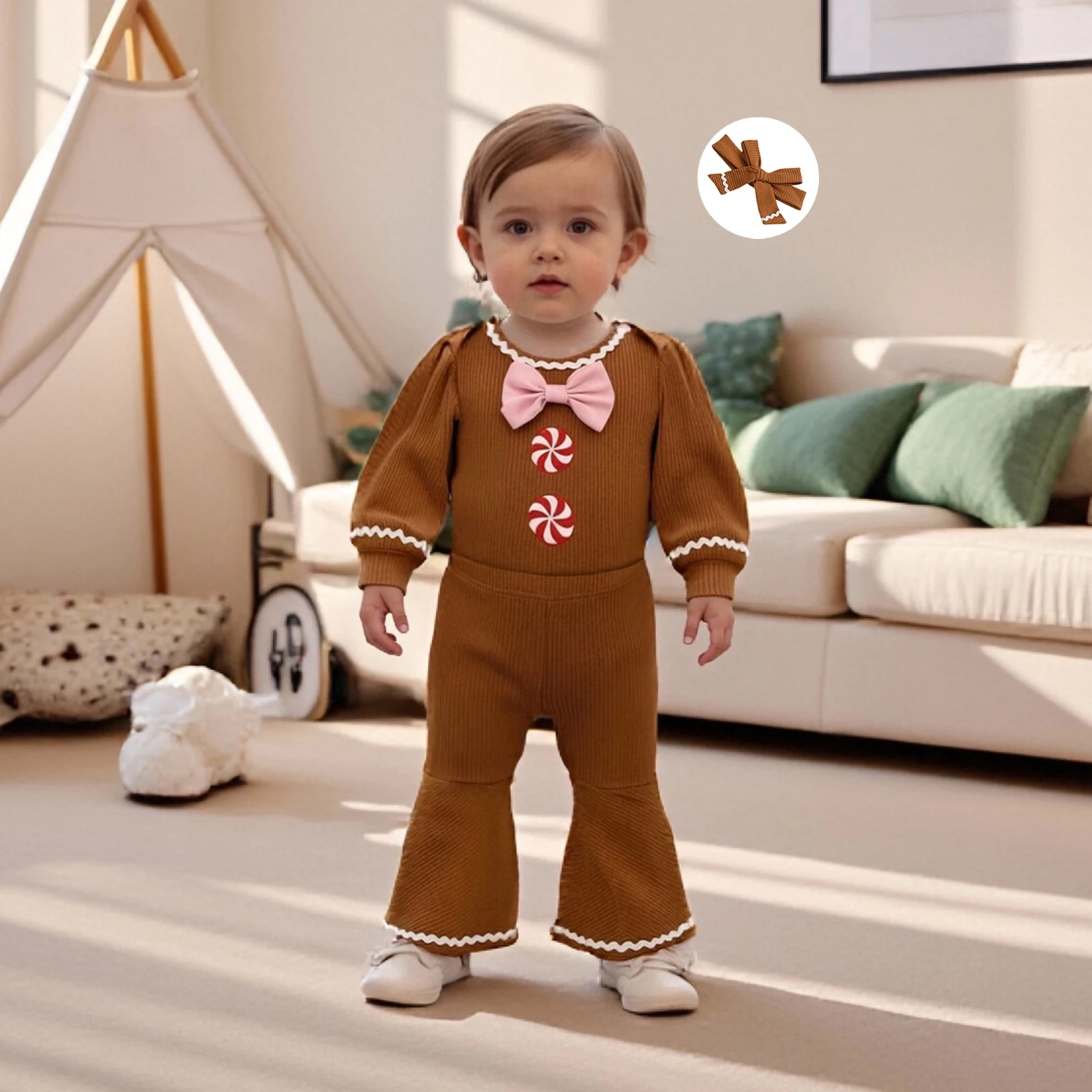 

Baby Xmas Clothing Girl Christmas Outfits Gingerbread Man Long Sleeve Romper with Flare Pants and Headband 3 Pcs Set