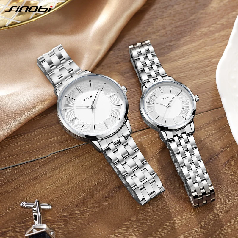 SINOBI Luxury Brand Couple Watches Waterproof Luminous Stainless Steel Quartz Watch His and Hers Moon Phase Fashion Lovers Set