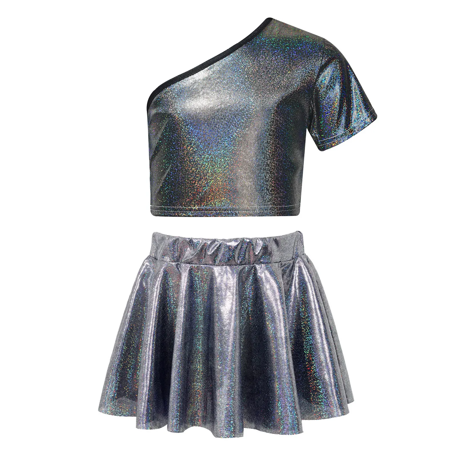 Bambini ragazze Hiphop vestiti Jazz Dance Outfit bambini Performance Set Cheerleading Costume manica corta Metallic Crop Top gonna