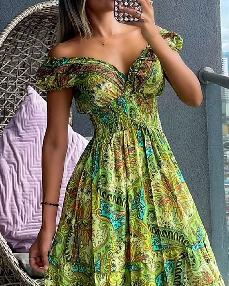 Elegant Bohemian Maxi Dresses for Women Fashion Summer 2025 Casual Off Shoulder Short Sleeves V Neck Vacation Beach Style Dress