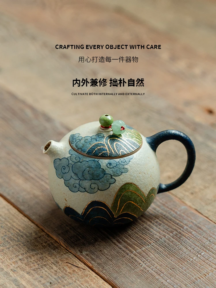 Pure Hand Drawing Painting, Green Water, Mountain, Ceramic Teapot with Slip, for Ladies, Personal Use, Filter Tea Maker